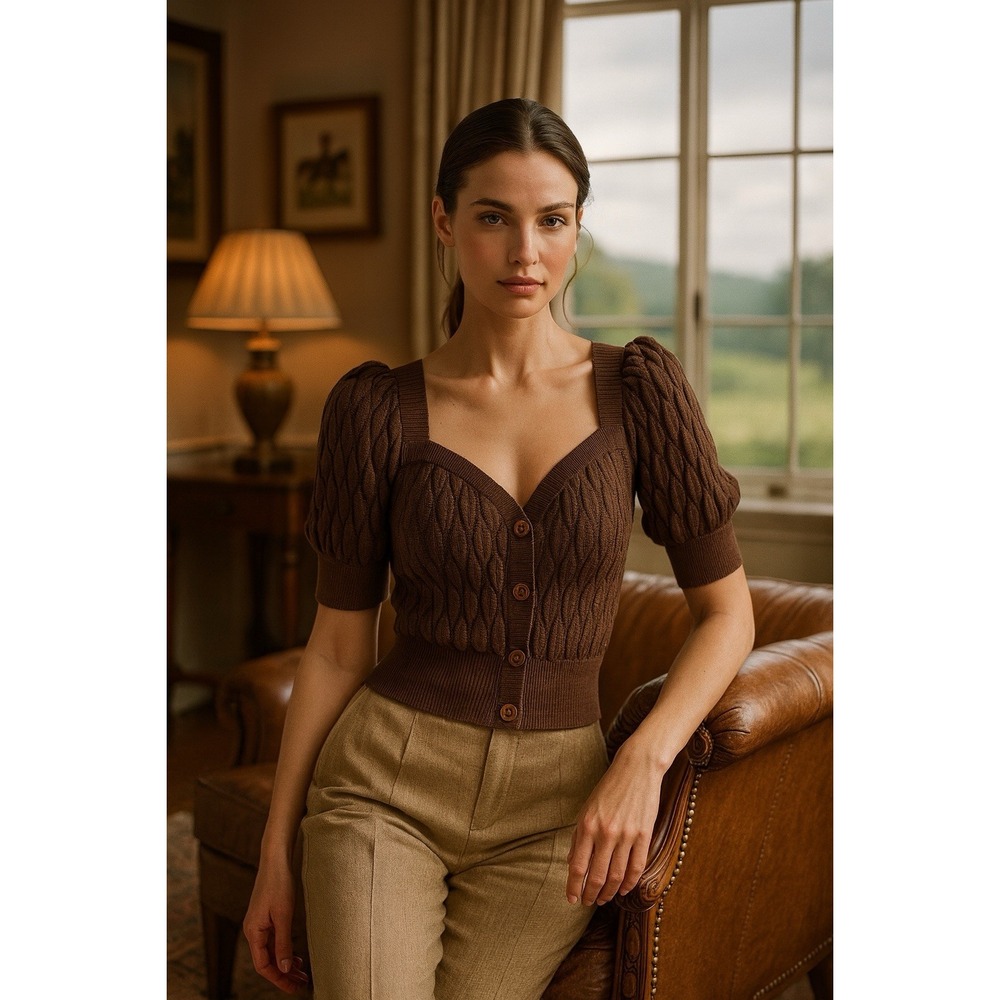Chocolate Brown Puff Sleeve Sweater  Womens Medium Braided Leaf Knit Preppy Fall